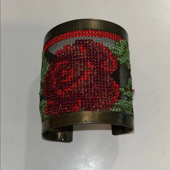 Embroidered Floral Cuff ,”A Red Rose would smell as sweet”…Bracelet Pettipoint